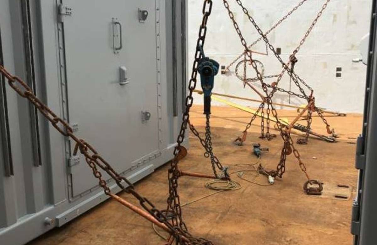 Sea fasteners put in place by JGC engineering to secure bespoke shipping containers